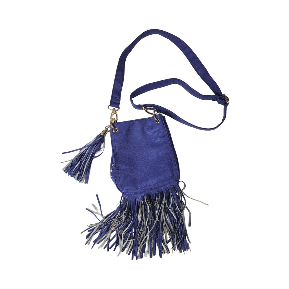 Poppie Jones Cobalt Blue Fringe Crossbody Bag Boho Festival Studded Tassel Small